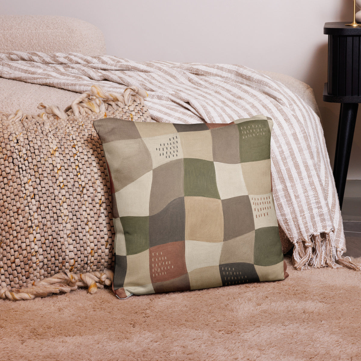Earthy Wavy Patchwork Throw Pillow | Boho Home Decor 18x18-TAU TRENDY TEES LLC-Wear-N-Share Apparel