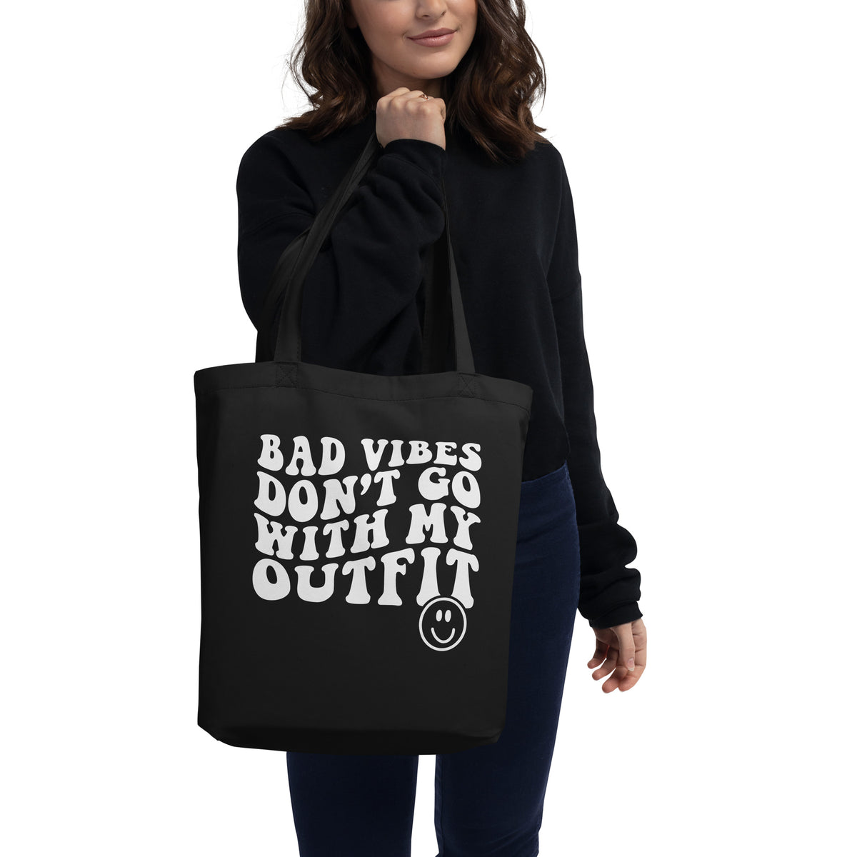 Bad Vibes Don’t Go With My Outfit Black Eco Tote Bag-Tote bags-TAU TRENDY TEES LLC-Wear-N-Share Apparel
