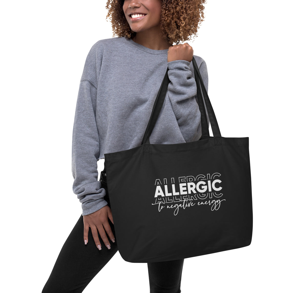 Allergic to Negative Energy Large Black Eco Tote Bag-Apparel & Accessories-TAU TRENDY TEES LLC-Wear-N-Share Apparel