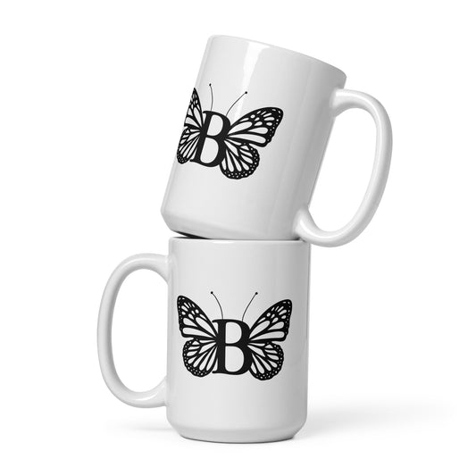 Butterfly Initial 'B' Monogram Mug 15oz-TAU TRENDY TEES LLC-Wear-N-Share Apparel