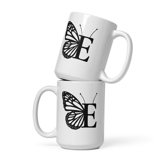 Butterfly Initial 'E' Monogram Mug 15oz-TAU TRENDY TEES LLC-Wear-N-Share Apparel