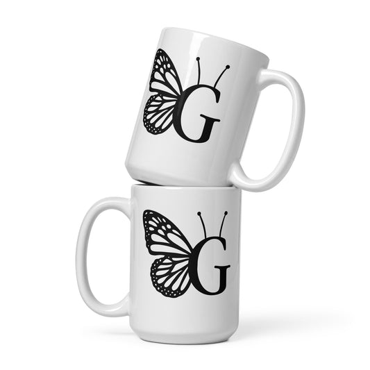 Butterfly Initial 'G' Monogram Mug 15oz-TAU TRENDY TEES LLC-Wear-N-Share Apparel