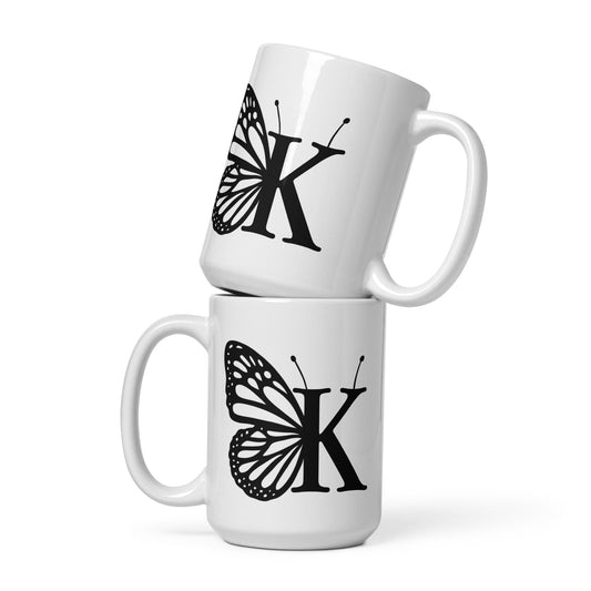 Butterfly Initial 'K' Monogram Mug 15oz-TAU TRENDY TEES LLC-Wear-N-Share Apparel