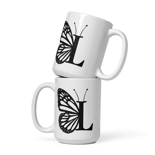 Butterfly Initial 'L' Monogram Mug 15oz-TAU TRENDY TEES LLC-Wear-N-Share Apparel