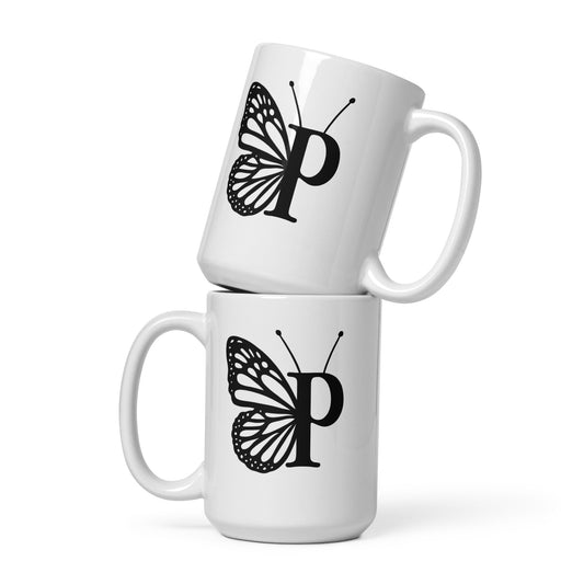 Butterfly Initial 'P' Monogram Mug 15oz-TAU TRENDY TEES LLC-Wear-N-Share Apparel