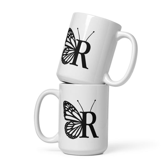 Butterfly Initial 'R' Monogram Mug 15oz-TAU TRENDY TEES LLC-Wear-N-Share Apparel