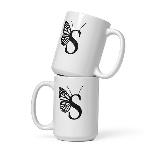 Butterfly Initial 'S' Monogram Mug 15oz-TAU TRENDY TEES LLC-Wear-N-Share Apparel