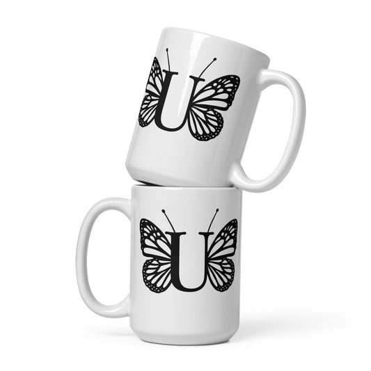 Butterfly Initial 'U' Monogram Mug 15oz-TAU TRENDY TEES LLC-Wear-N-Share Apparel