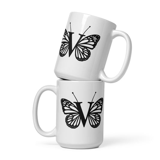 Butterfly Initial 'V' Monogram Mug 15oz-TAU TRENDY TEES LLC-Wear-N-Share Apparel
