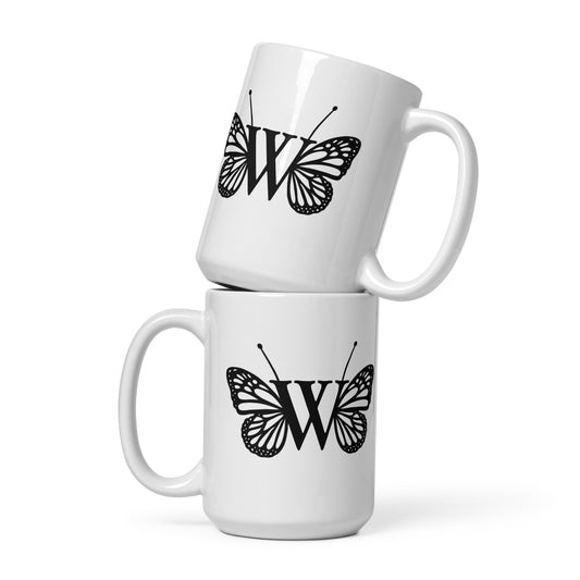 Butterfly Initial 'W' Monogram Mug 15oz-TAU TRENDY TEES LLC-Wear-N-Share Apparel