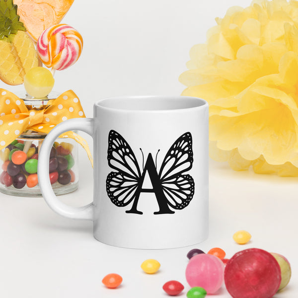 ## Butterfly Initial “A” 20 oz white glossy mug-TAU TRENDY TEES LLC-Wear-N-Share Apparel