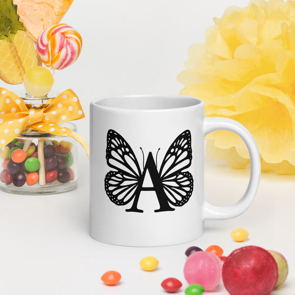 ## Butterfly Initial “A” 20 oz white glossy mug-TAU TRENDY TEES LLC-Wear-N-Share Apparel