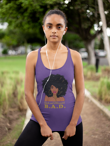 B. A. D. "Black and Determined" Women's Racerback Tank-T Shirts-TAU TRENDY TEES-Purple Rush-XS-Wear-N-Share Apparel
